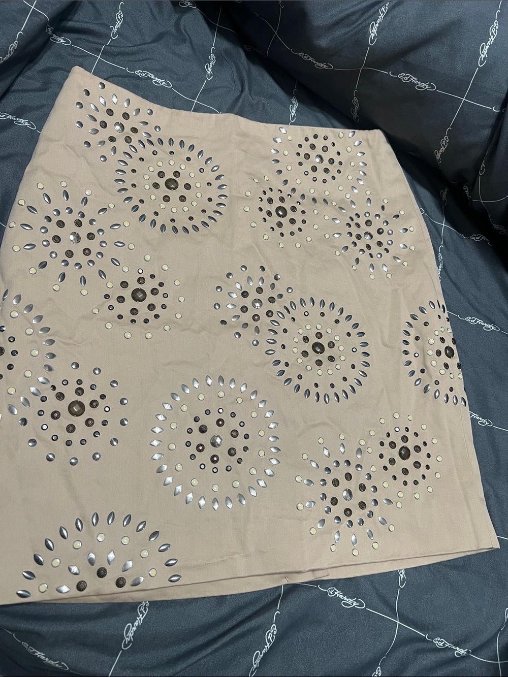 White House Black Market Beige Mini Skirt with Metallic Cutout Rosette Details